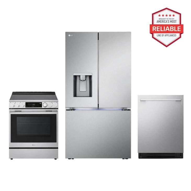 LG LRYXC2606S, LSEL6337XE, LDNTH753S Kitchen Package with French Door Refrigerator, Electric Range, and Dishwasher in Stainless Steel - Front View
