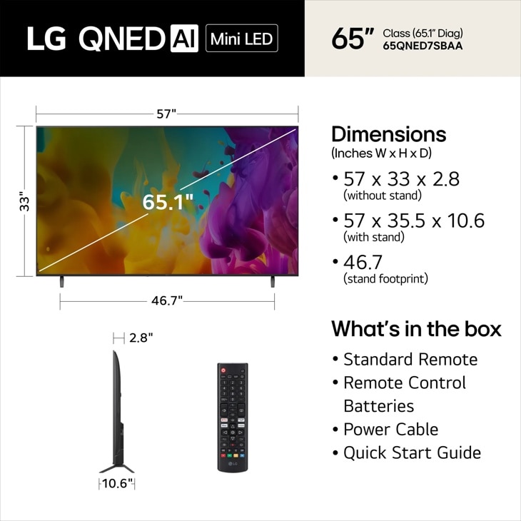 65-Inch LG QNED AI Mini LED TV 65QNED7SBUA Dimensions and Box Contents with measurements and included accessories