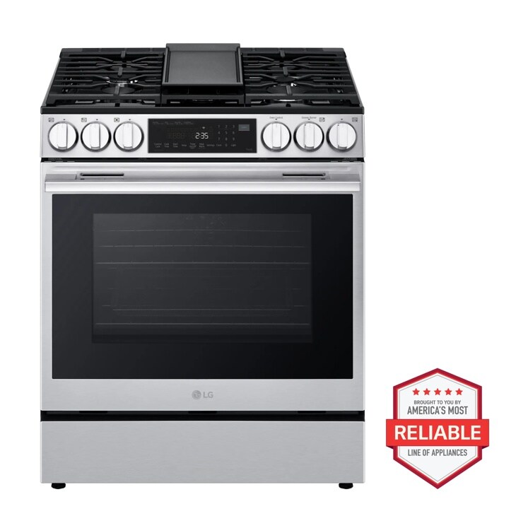 LG LSGL6335L Gas Range with stainless steel finish featuring digital control panel and five burners with center griddle - Front View