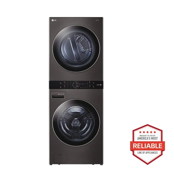 Front view of the Single Unit Front Load LG WashTower™ with Center Control™ 4.5 cu. ft. Washer and 7.4 cu. ft. Gas Dryer - WKGX201HBA. Includes a graphic logo that says, Brought to you by America’s Most Reliable Line of Appliances.