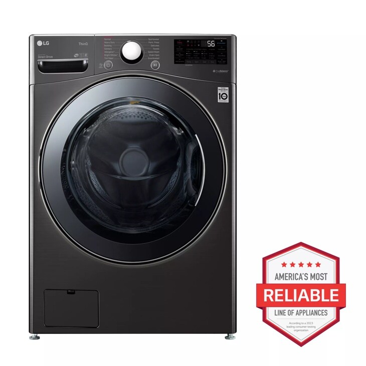 Front view of the 4.5 cu.ft. Smart Wi-Fi Enabled All-In-One Washer/Dryer with TurboWash® Technology - WM3998HBA. Includes a graphic logo that says, Brought to you by America’s Most Reliable Line of Appliances.