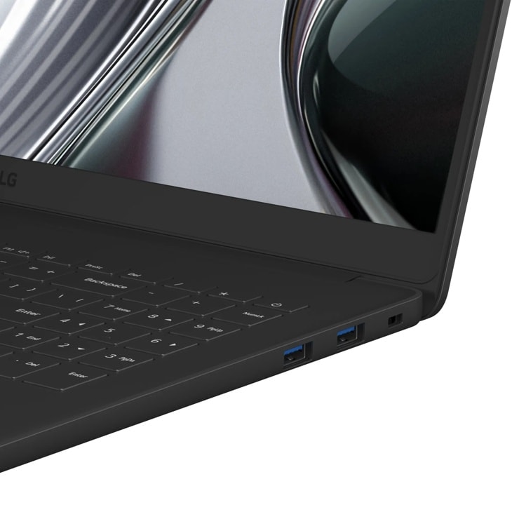 LG Gram 16U55U-H.AU87U1 Laptop side view showing keyboard corner, USB ports, and sleek black chassis design