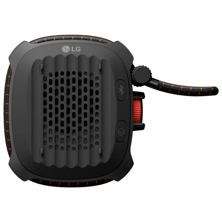ROCK_CNOALBK portable speaker with black mesh grille, Bluetooth button, and braided carrying strap with red accents - Top View