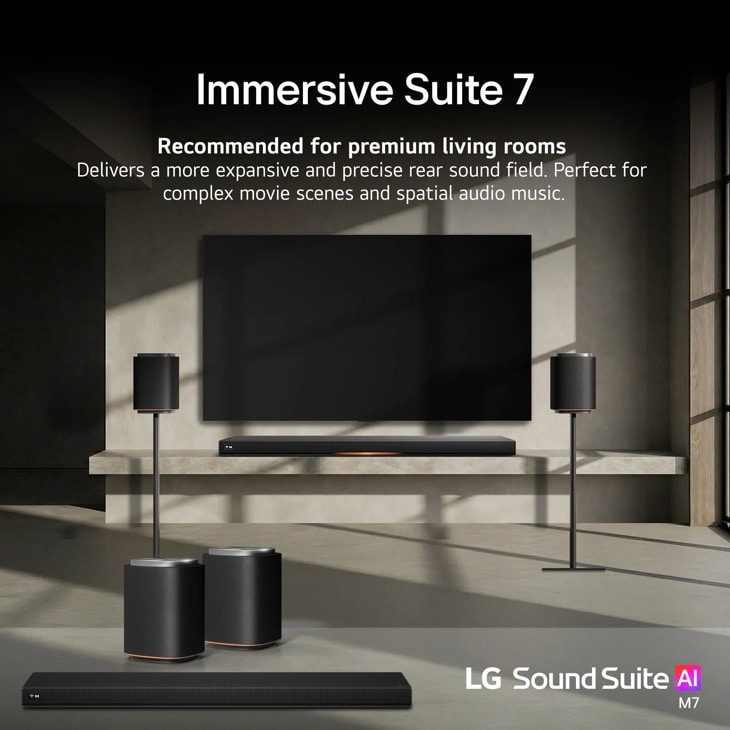 M7-P2_H7 Immersive Suite 7 soundbar system with rear speakers in premium living room setting for expansive sound field