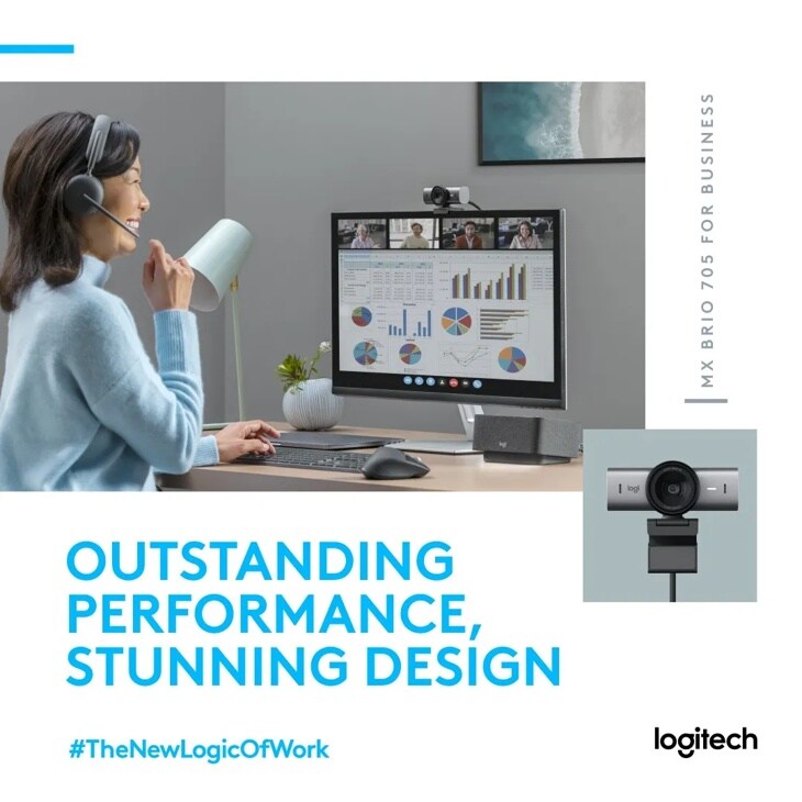 960001529 Logitech webcam showing professional in headset during video conference with data charts and MX BRIO 705 webcam detail