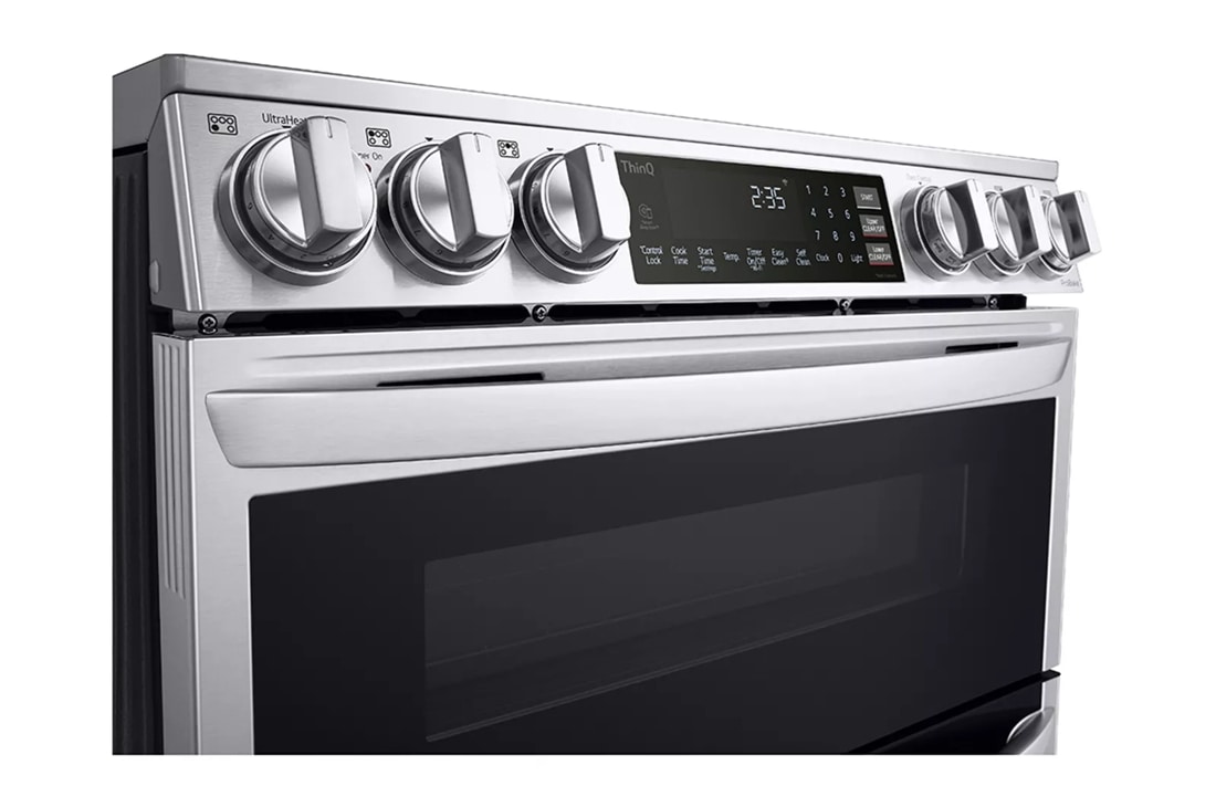 LG 30 in. 7.3 cu. ft. Smart Air Fry Convection Double Oven Slide-In  Electric Range with 5 Smoothtop Burners - Printproof Black Stainless Steel