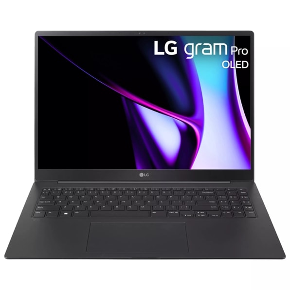 Front view of the 16 Inch LG gram Pro (16Z90SP-K.ADB8U1) OLED laptop with 32GB RAM and Intel Core Ultra 7