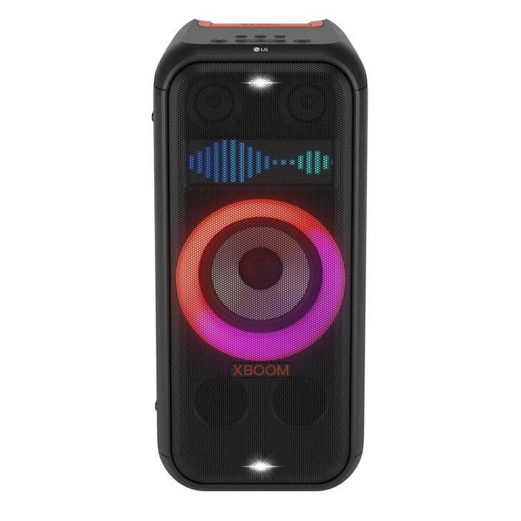LG XL7S Speaker with colorful LED lighting display showing red and purple circular light pattern and blue sound visualization - Front View
