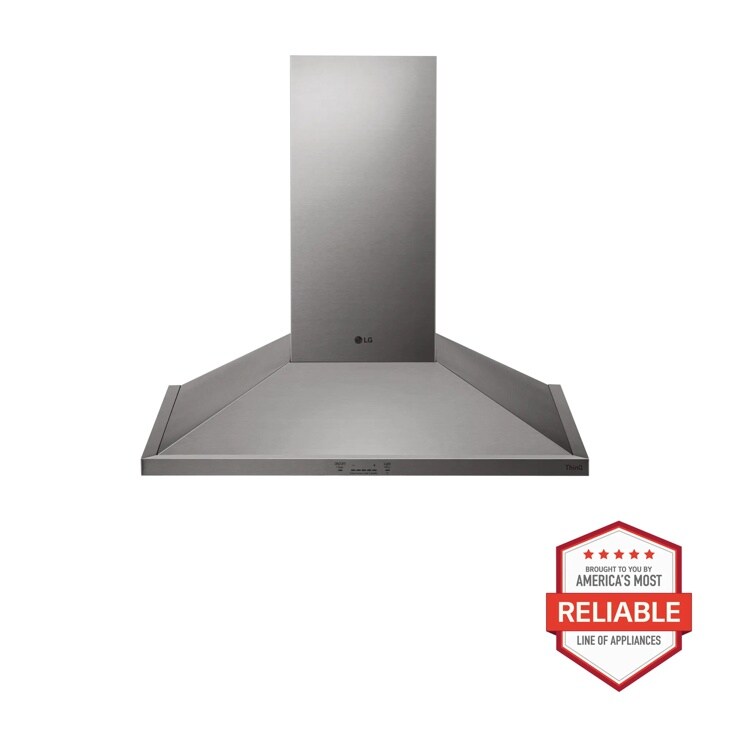 Front view of the 30'' Wall Mount Chimney Hood - HCED3015S. Includes a graphic logo that says, Brought to you by America’s Most Reliable Line of Appliances.