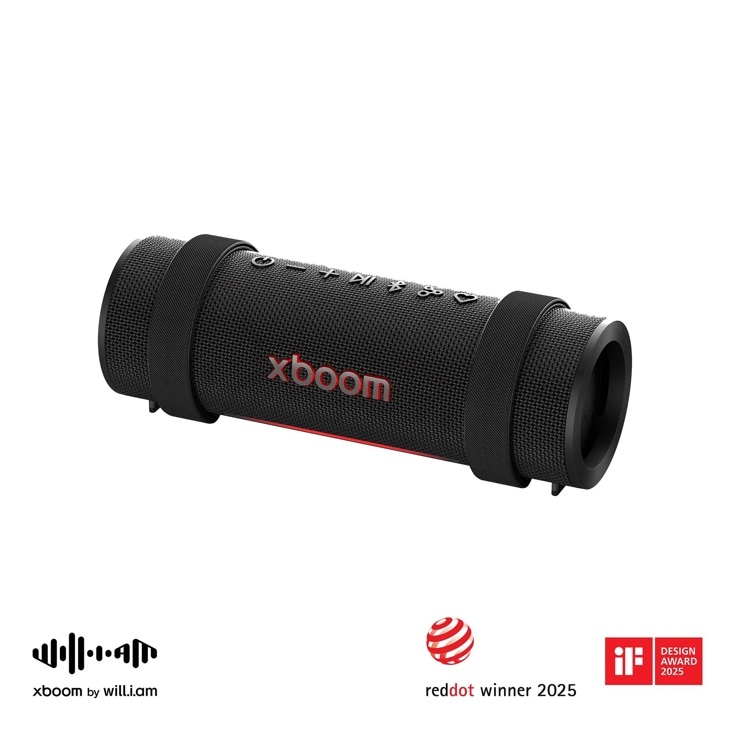 LG Xboom GRAB-AUSALBK portable speaker with red accents and awards badges Front View