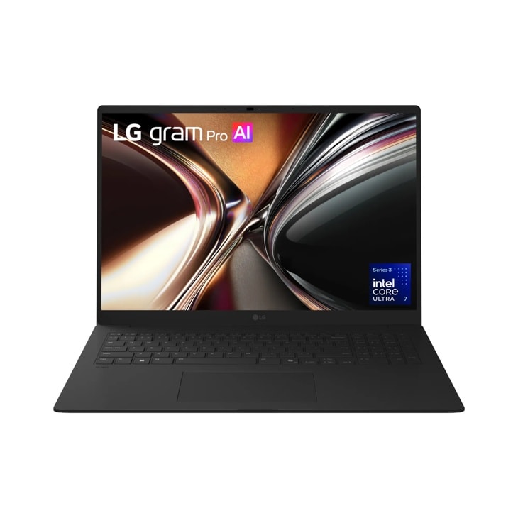 LG Gram 17Z90U-G Pro AI Laptop with Intel Core Ultra 7 processor showing sleek black design with full keyboard and vibrant display - Front View
