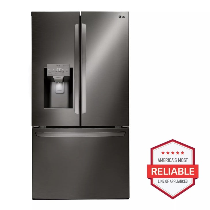 Front view of the 28 cu.ft. Smart wi-fi Enabled French Door Refrigerator - LFXS28968D. Includes a graphic logo that says, Brought to you by America’s Most Reliable Line of Appliances.