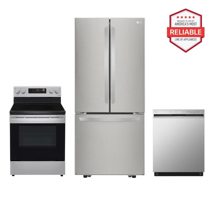 LG LFCS22520S_LREL6321S_LDFN3432T kitchen package with range, refrigerator, and dishwasher, America's Most Reliable line of appliances Front View
