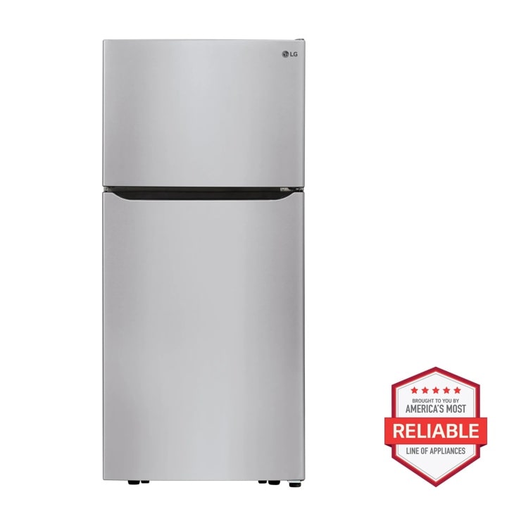 Front view of the 20 cu. ft. 30-inch Wide Top Freezer Refrigerator - Stainless Steel - LTCS20020S. Includes a graphic logo that says, Brought to you by America’s Most Reliable Line of Appliances.