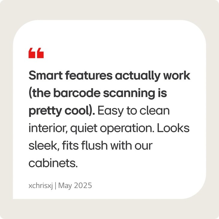 MVEF1323F Over-the-Range Microwave infographic showing customer testimonial praising smart features, barcode scanning, easy cleaning, quiet operation and sleek design