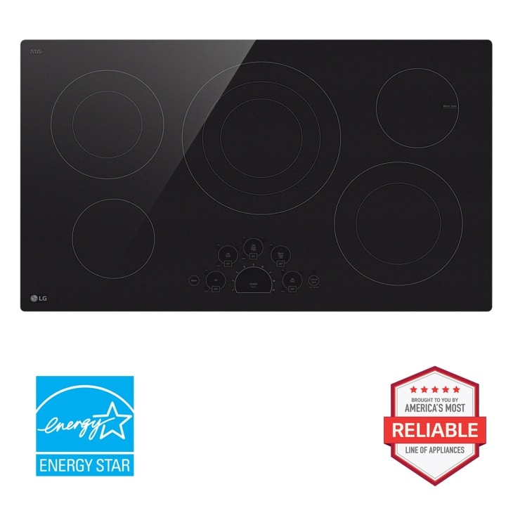 Front view of the 36" Electric Cooktop - LCE3610SB. Includes a graphic logo that says, Brought to you by America’s Most Reliable Line of Appliances.