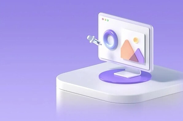 3D Minimalist computer monitor with stylized color picker on screen, with a purple gradient background