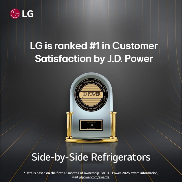 On a black background, JD Power trophy for LG Side by Side Refrigerator.