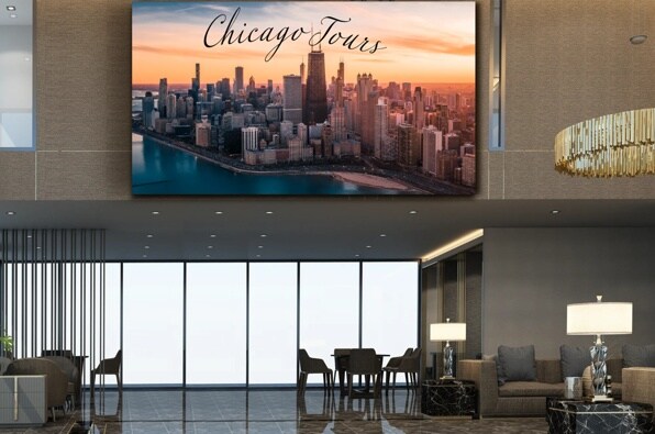 Modern interior with a large cityscape display and elegant furnishings.