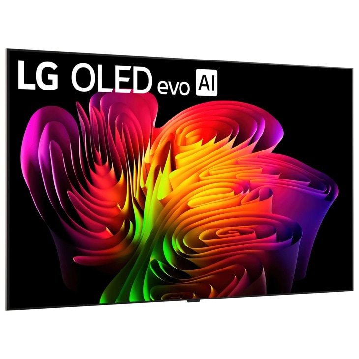 77-Inch LG OLED evo AI 4K TV OLED77W6PUA displaying vibrant colorful abstract design with flowing rainbow patterns - Side Angle