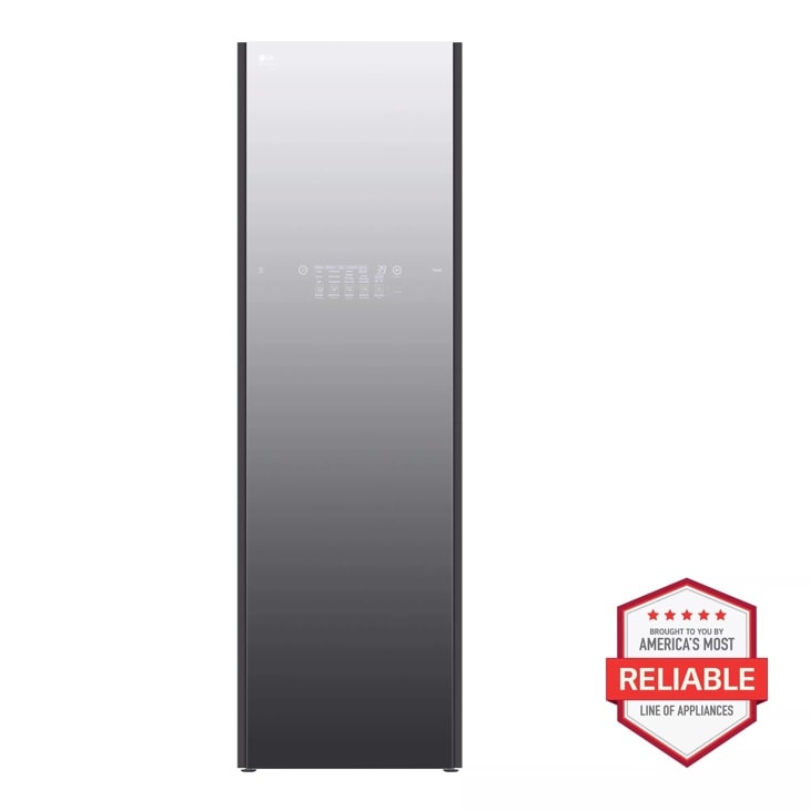 Front view of the LG STUDIO Styler - Refresh Garments in Minutes with Smart wi-fi Enabled Steam Clothing Care System - S5MSB. Includes a graphic logo that says, Brought to you by America’s Most Reliable Line of Appliances.