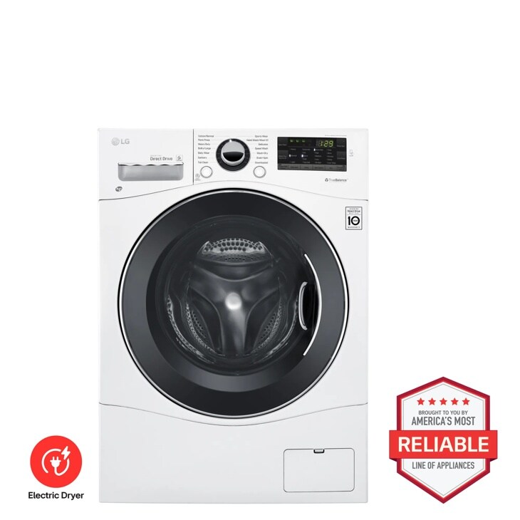 LG WM3488HW Washer Dryer Combo with 10 Year Warranty Badge and Americas Most Reliable Line of Appliances Badge - Front View