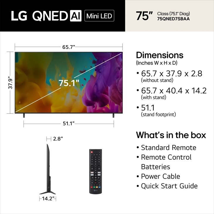 75-Inch LG QNED AI Mini LED TV 75QNED7SBUA Dimensions and Box Contents with Remote and Stand Measurements