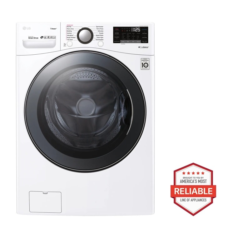 Front view of the 4.5 cu.ft. Smart wi-fi Enabled Front Load Washer with TurboWash™ 360 Technology - WM3900HWA. Includes a graphic logo that says, Brought to you by America’s Most Reliable Line of Appliances.
