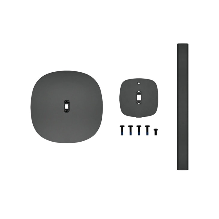 FS-M71 audio accessory mounting components showing base plate, wall bracket, vertical stand pole and installation screws in matte black finish