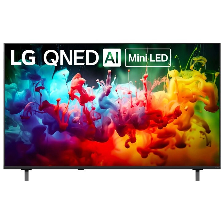 55-Inch LG QNED AI Mini LED 4K TV 55QNED75BUA displaying vibrant colorful ink swirls in blue, red, yellow and green - Front View