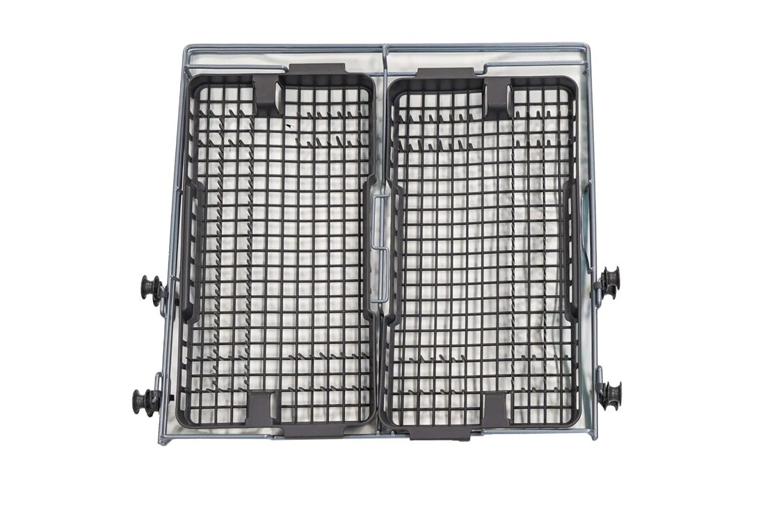 AHB73129404 dishwasher cutlery basket with dual compartments and grid pattern design shown from top view