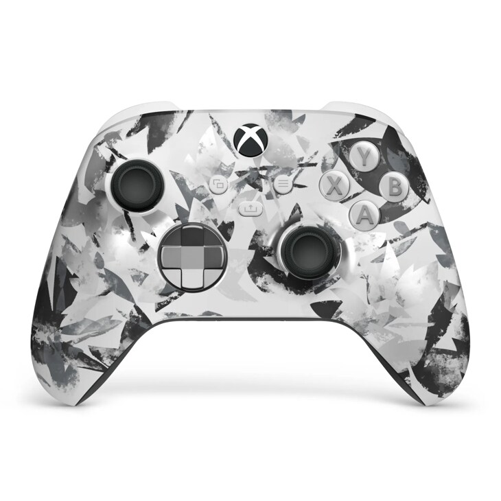 Xbox wireless controller EP229563 with white and black abstract camo pattern featuring standard buttons and dual thumbsticks - Front View