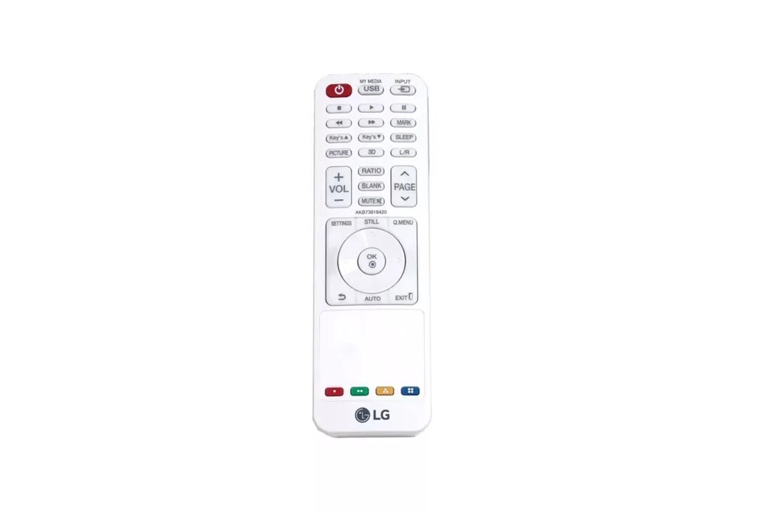 AKB73616401 LG TV remote control with power button, navigation pad, volume controls, and colored shortcut buttons on white background