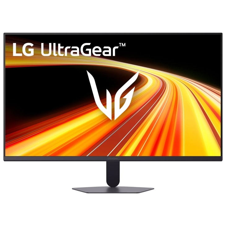 LG 32G621B-B UltraGear Gaming Monitor displaying vibrant speed motion graphics with stand - Front View