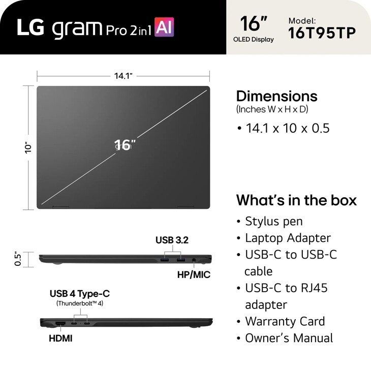 LG Gram Pro 2in1 AI 16T95TP-K laptop dimensions 14.1 x 10 x 0.5 inches with 16-Inch OLED display and port layout showing USB, HDMI, and headphone connections