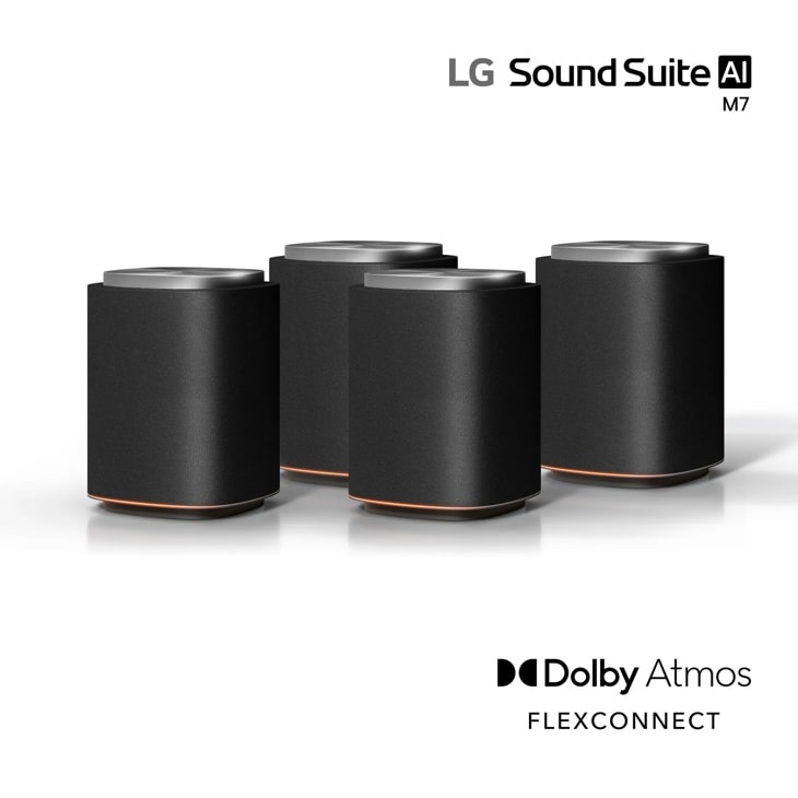 LG Sound Suite AI M7-P4 SoundBar system with four black cylindrical speakers featuring silver tops and copper accent trim with Dolby Atmos FLEXCONNECT