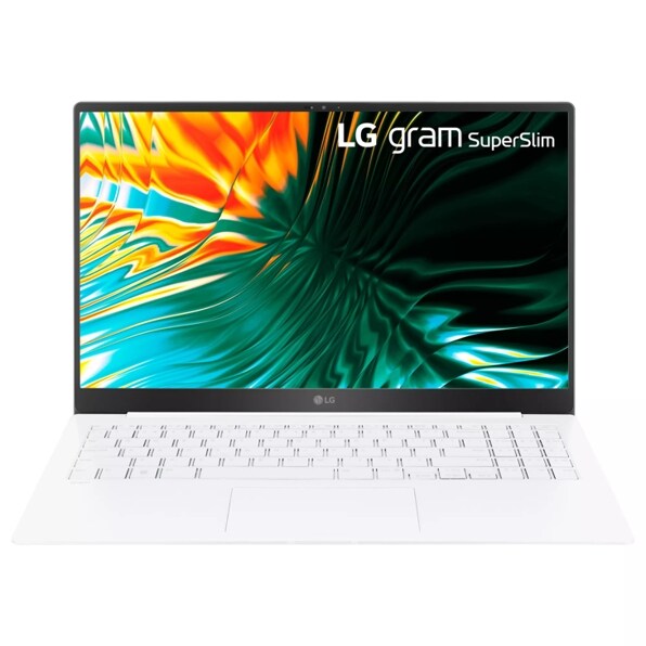 Front view of the 15.6 Inch LG gram SuperSlim (15Z90ST-G.AAW4U1) OLED laptop with 16GB RAM and Intel Core Ultra 5