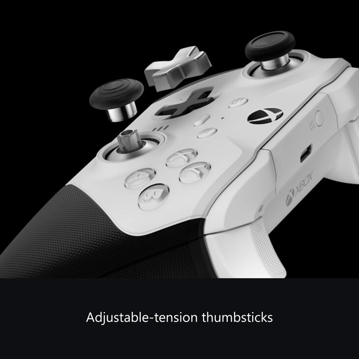 Xbox 4IK00001 controller with adjustable-tension thumbsticks showing white design with directional pad and buttons - Close-Up