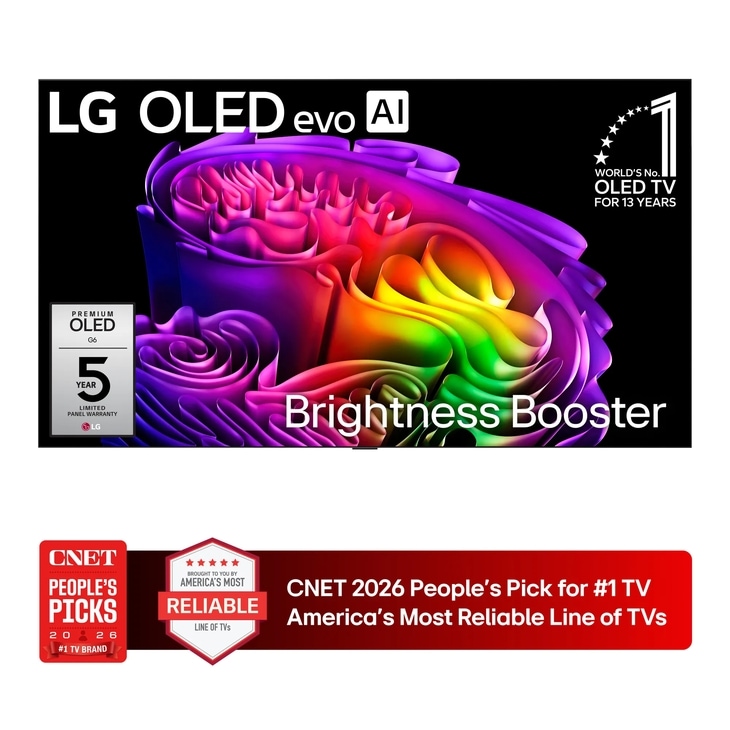 LG OLED evo AI 4K TV OLED97G6WUA with Brightness Booster and Worlds No. 1 OLED TV for 13 Years badge featuring CNET 2026 Peoples Pick for #1 TV Americas Most Reliable Line of TVs