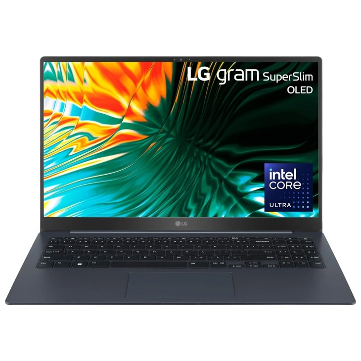LG gram SuperSlim OLED laptop with Intel Core Ultra, vibrant display and black keyboard Front View