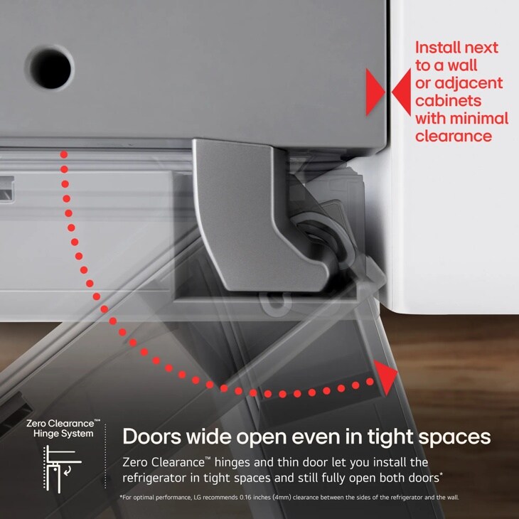 Install next to wall adjacent cabinet with minimal clearance door wide open even in tight space