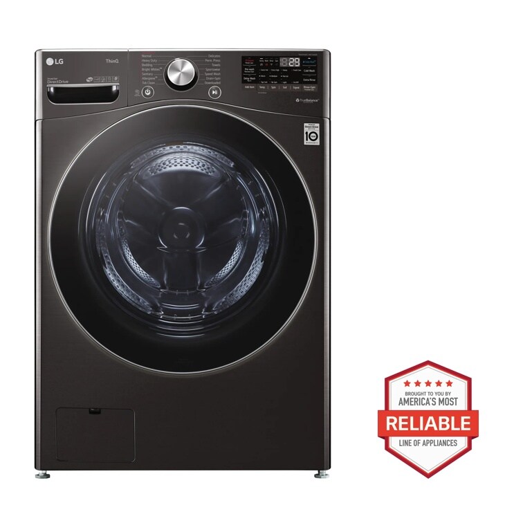 Front view of the 5.0 cu. ft. Mega Capacity  Smart wi-fi Enabled Front Load Washer with TurboWash™ 360° and Built-In Intelligence - WM4200HBA. Includes a graphic logo that says, Brought to you by America’s Most Reliable Line of Appliances.
