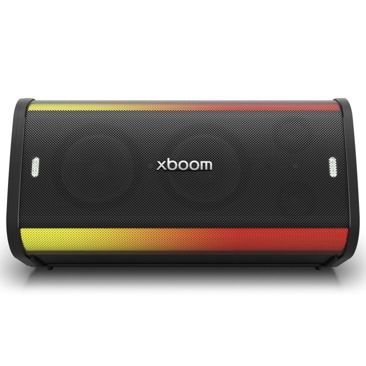 LG xboom STAGE501 Party Speaker with black mesh design and colorful yellow to red light strip across top and bottom - Front View