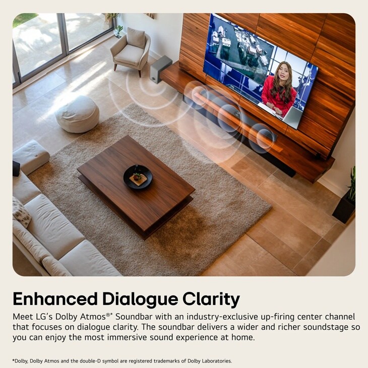 LG S7FTRS Soundbar infographic showing enhanced dialogue clarity feature with up-firing center channel in modern living room setting
