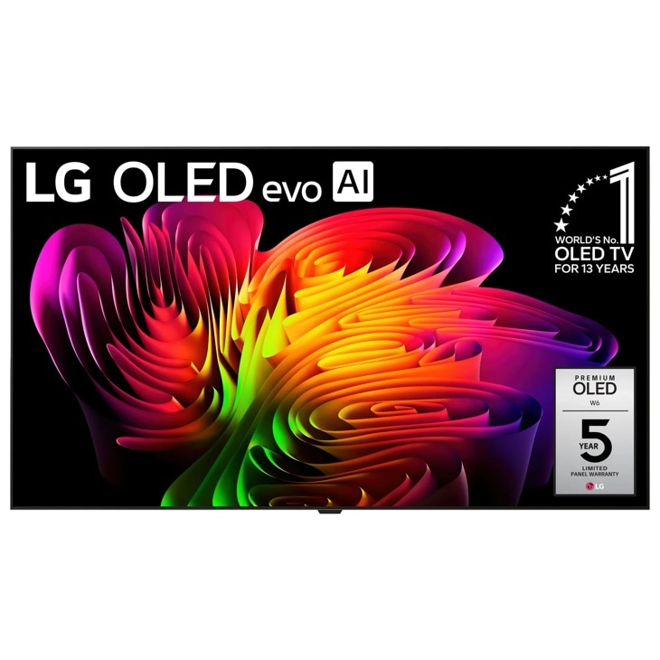 83-Inch LG OLED evo AI 4K TV OLED83W6PUA with colorful abstract display and WORLDS No. 1 OLED TV FOR 13 YEARS badge - Front View