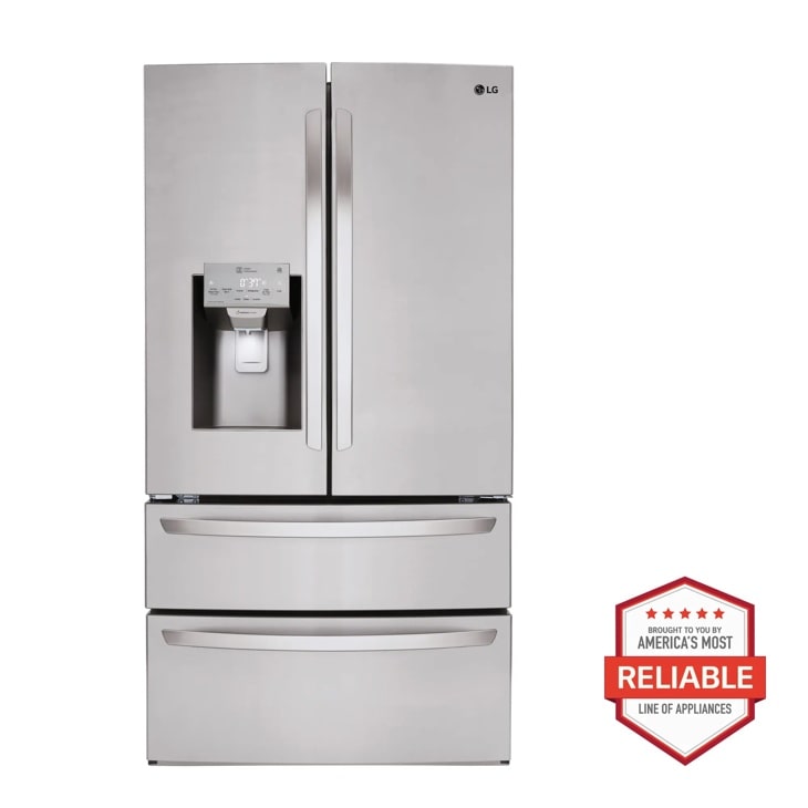 Front view of the 28 cu. ft. 36-Inch Wide French Door Refrigerator - Stainless Steel - LMXS28626S. Includes a graphic logo that says, Brought to you by America’s Most Reliable Line of Appliances.