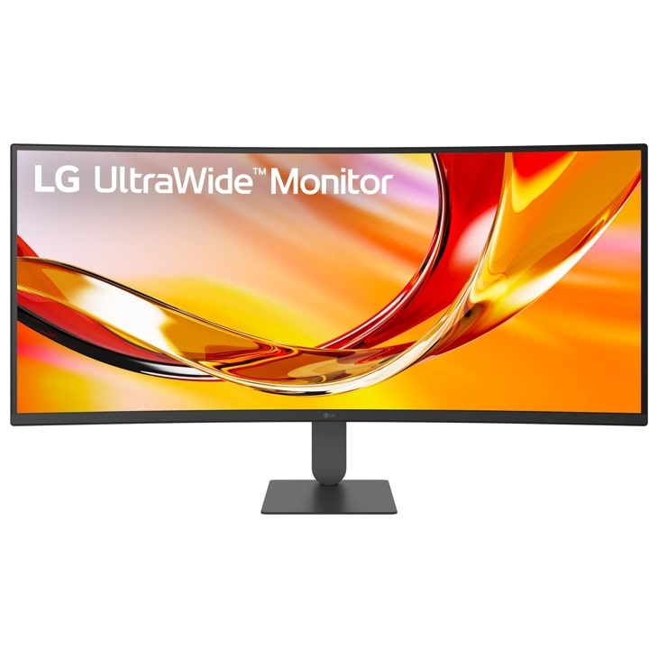 LG 34U640B-B 34-Inch UltraWide Monitor with curved display showing vibrant red and orange graphics on screen - Front View