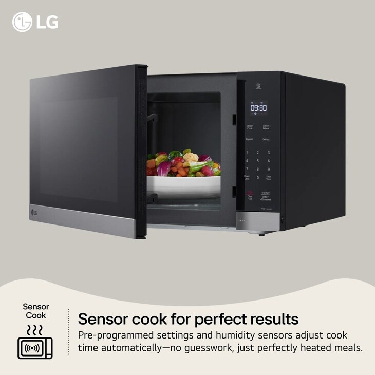 LG MVEL2035Z Over-the-Range Microwave with door open showing colorful vegetables in white bowl and Sensor Cook feature infographic