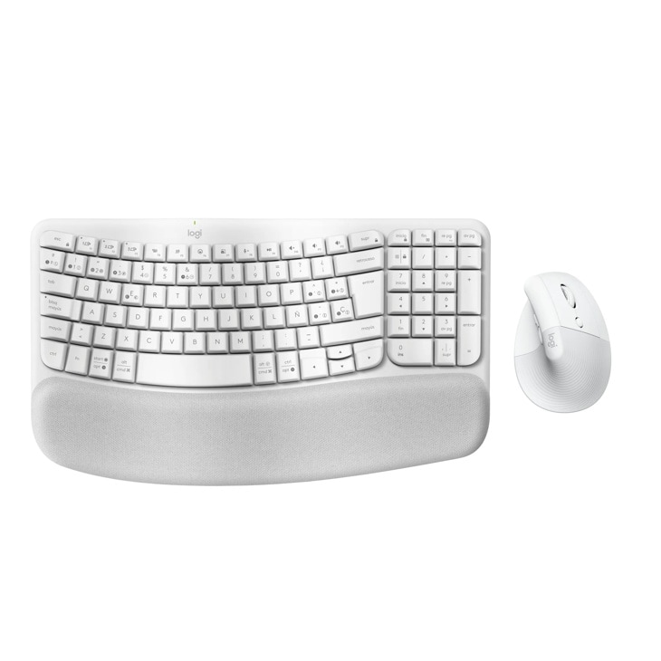 Logitech 920013611 wireless ergonomic keyboard with curved design, wrist rest and matching white wireless mouse