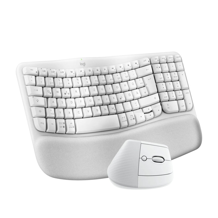 Logitech 920013611 wireless ergonomic keyboard with cushioned wrist rest and matching white mouse